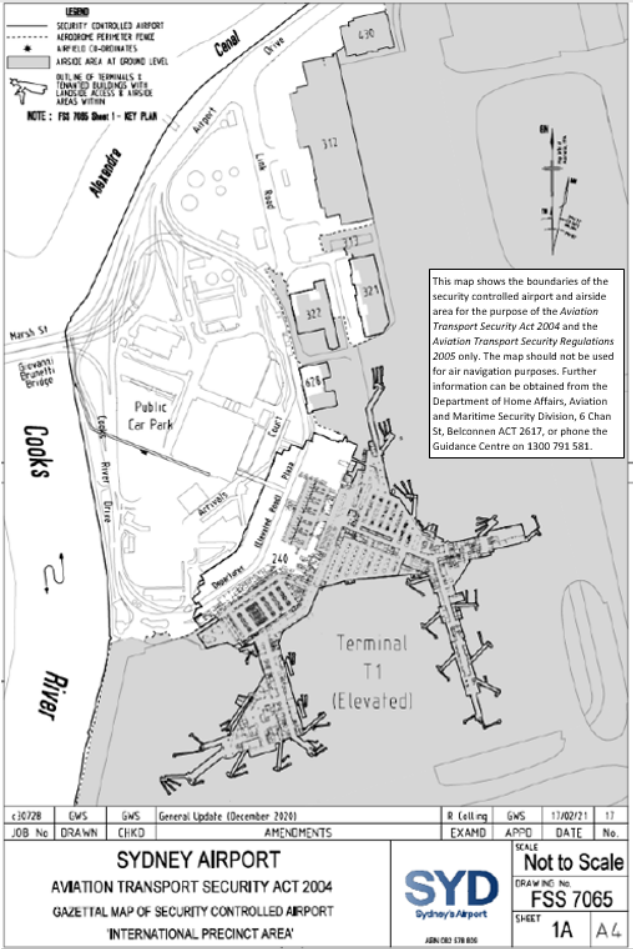 This is Map 2 of 5 - of Sydney Airport which has been declared a security controlled airport. The map establishes airport boundaries and airside areas for the purposes of section 28 and section 29 of the Aviation Transport Security Act 2004.