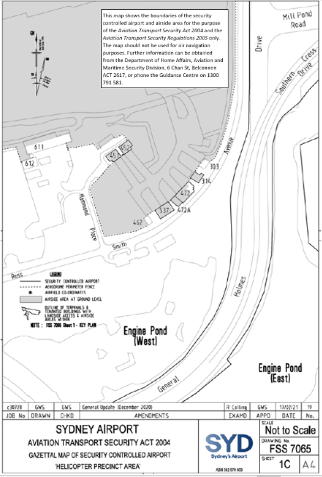 This is Map 4 of 5 - of Sydney Airport which has been declared a security controlled airport. The map establishes airport boundaries and airside areas for the purposes of section 28 and section 29 of the Aviation Transport Security Act 2004.