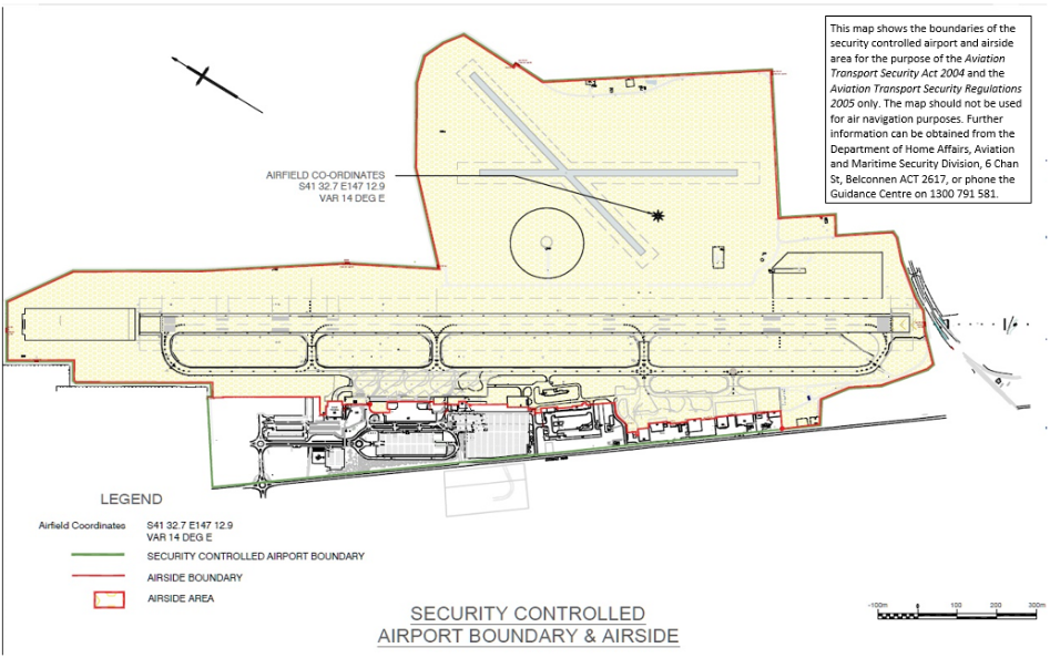 This is Map 1 of 2 - of Launceston Airport which has been declared a security controlled airport. The map establishes airport boundaries and airside areas for the purposes of section 28 and section 29 of the Aviation Transport Security Act 2004.