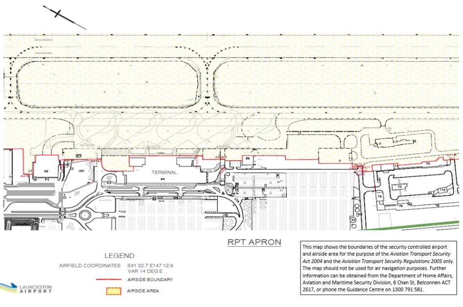 This is Map 2 of 2 - of Launceston Airport which has been declared a security controlled airport. The map establishes airport boundaries and airside areas for the purposes of section 28 and section 29 of the Aviation Transport Security Act 2004.