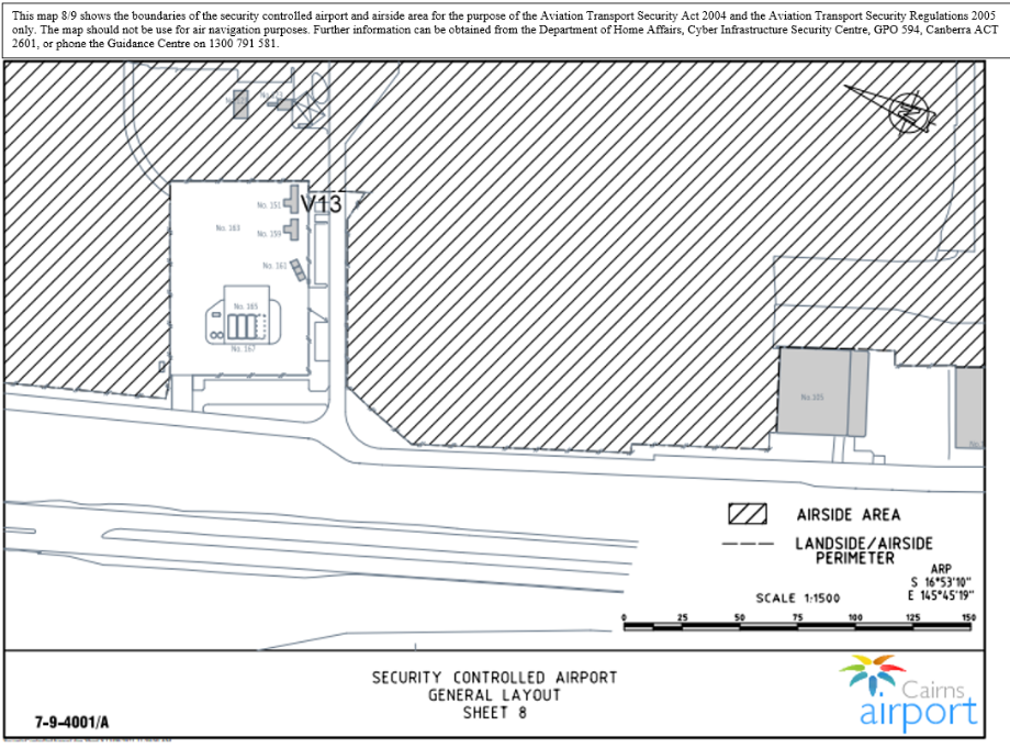 This is map 8 of 9 of Cairns Airport which has been declared a security controlled airport. The map establishes airport boundaries and airside areas for the purposes of section 28 and section 29 of the Aviation Transport Security Act 2004.