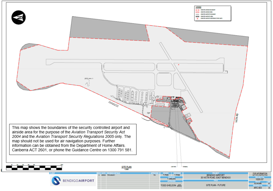 This map shows the boundaries of the security controlled airport and airside area for the purpose of the Aviation Transport Security Act 2004 and the Aviation Transport Security Regulations 2005 only. The map should not be used for air navigation purposes. Further information can be obtained from the Department of Home Affairs. Canberra ACT 2601, or phone the Guidance Centre on 1300 791 581
