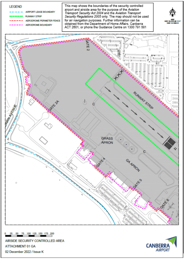 This is a map [map 2 of 4] of Canberra Airport, which has been declared a security controlled airport. The map establishes airport boundaries and airside areas for the purposes of section 28 and section 29 of the Aviation Transport Security Act 2004.