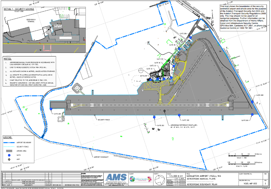This is a map of Geraldton Airport which has been declared a security controlled airport. The map establishes airport boundaries and airside areas for the purposes of section 28 and section 29 of the Aviation Transport Security Act 2004.
