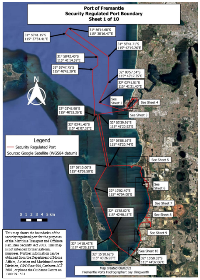 This is a map [map 1 of 10] of the Port of Fremantle, which has been declared a security regulated port. The map shows the boundaries of the security regulated port for the purposes of section 13 of the Maritime Transport and Offshore Facilities Security Act 2003.