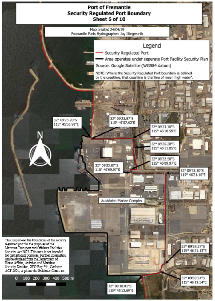This is a map [map 6 of 10] of the Port of Fremantle, which has been declared a security regulated port. The map shows the boundaries of the security regulated port for the purposes of section 13 of the Maritime Transport and Offshore Facilities Security Act 2003.