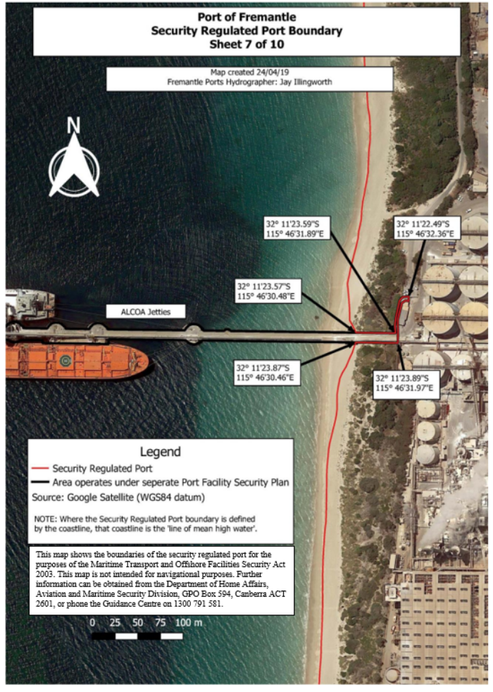 This is a map [map 7 of 10] of the Port of Fremantle, which has been declared a security regulated port. The map shows the boundaries of the security regulated port for the purposes of section 13 of the Maritime Transport and Offshore Facilities Security Act 2003.