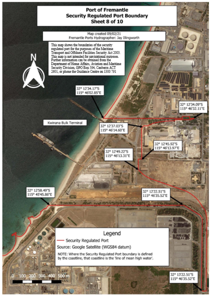 This is a map [map 8 of 10] of the Port of Fremantle, which has been declared a security regulated port. The map shows the boundaries of the security regulated port for the purposes of section 13 of the Maritime Transport and Offshore Facilities Security Act 2003.