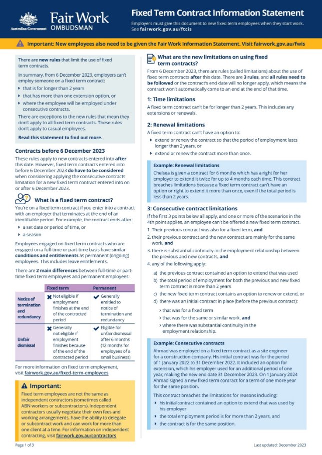 Image of page 1 of 3 of the Fixed Term Contract Information Statement.

The Fixed Term Contract Information Statement is available at / can be downloaded at www.fairwork.gov.au/FTCIS
