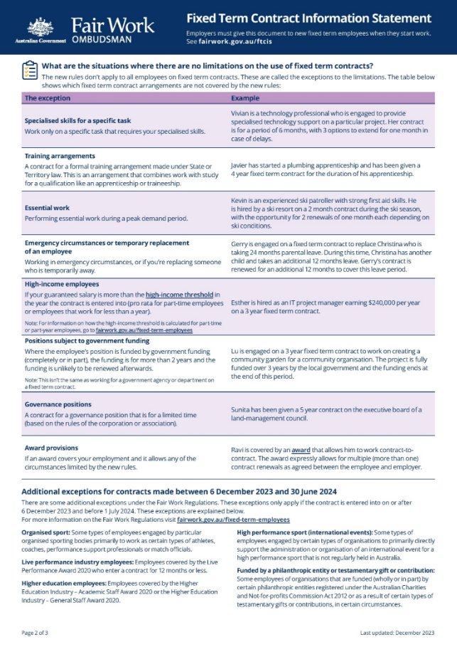 Image of page 2 of 3 of the Fixed Term Contract Information Statement.

The Fixed Term Contract Information Statement is available at / can be downloaded at www.fairwork.gov.au/FTCIS