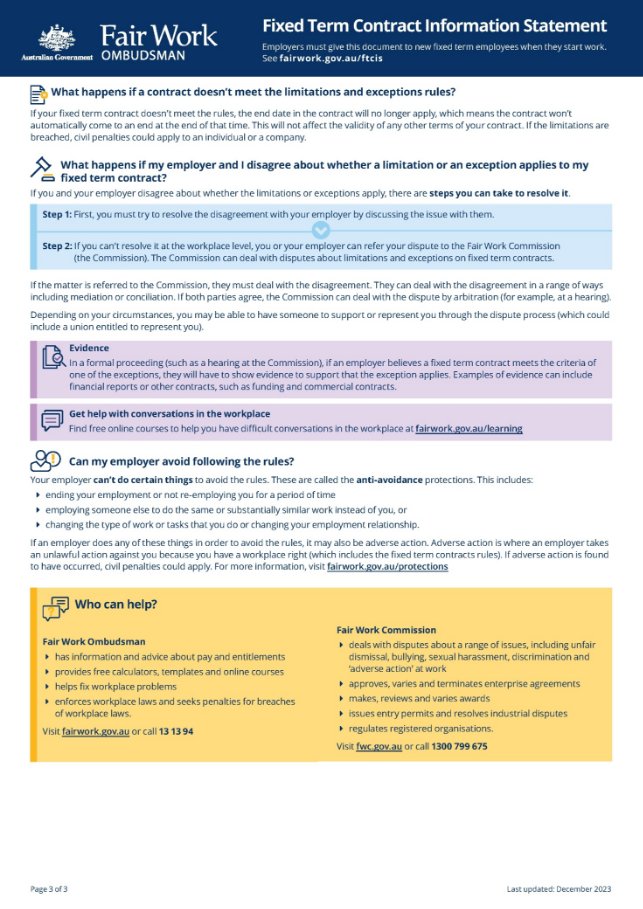 Image of page 3 of 3 of the Fixed Term Contract Information Statement.

The Fixed Term Contract Information Statement is available at / can be downloaded at www.fairwork.gov.au/FTCIS