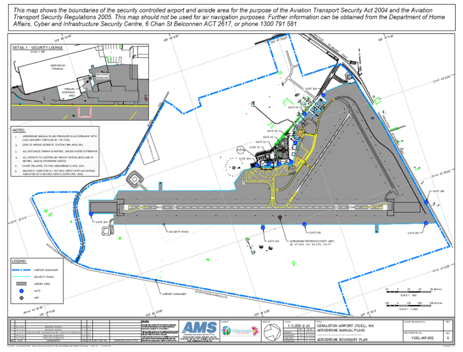 This is a map of Geraldton airport, which has been declared a security controlled airport. The map establishes airport boundaries and airside areas for the purposes of section 28 and section 29 of the Aviation Transport Security Act 2004.