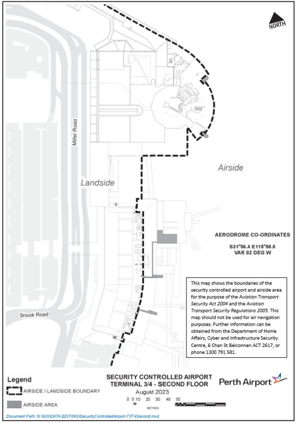 This is a map 12 of 12 of Perth Airport, which has been declared a security controlled airport. The map establishes airport boundaries and airside areas for the purposes of section 28 and section 29 of the Aviation Transport Security Act 2004.