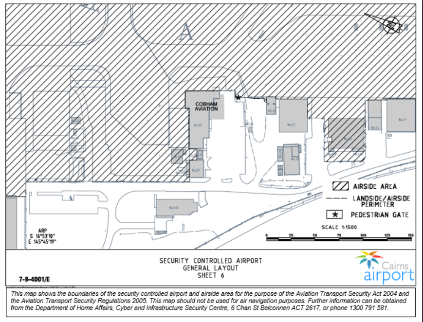 This is a map 6 of 9  of Cairns Airport, which has been declared a security controlled airport. The map establishes airport boundaries and airside areas for the purposes of section 28 and section 29 of the Aviation Transport Security Act 2004.