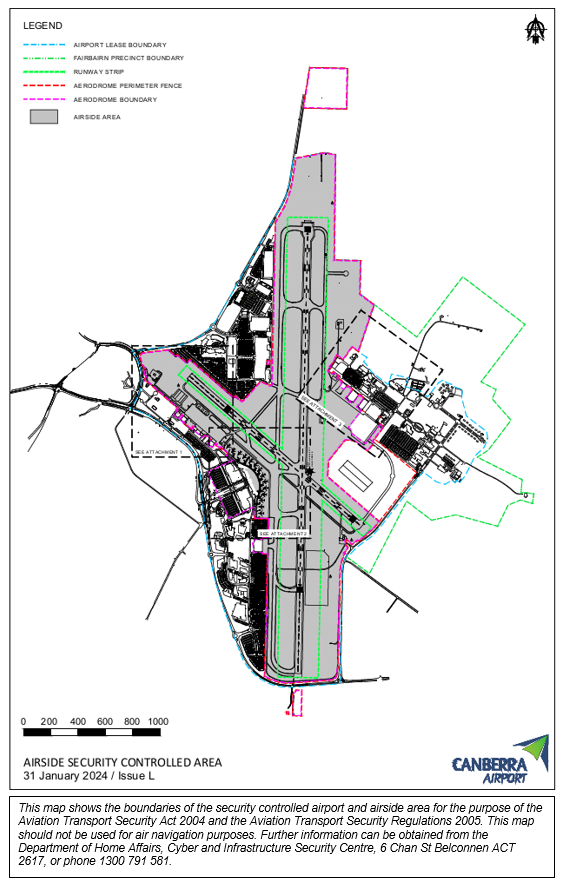 This is map 1 of 4 of Canberra Airport  which has been declared a security controlled airport. The map establishes airport boundaries and airside areas for the purposes of section 28 and section 29 of the Aviation Transport Security Act 2004.