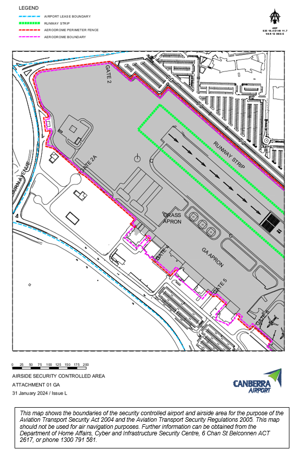 This is map 2 of 4 of Canberra Airport  which has been declared a security controlled airport. The map establishes airport boundaries and airside areas for the purposes of section 28 and section 29 of the Aviation Transport Security Act 2004.