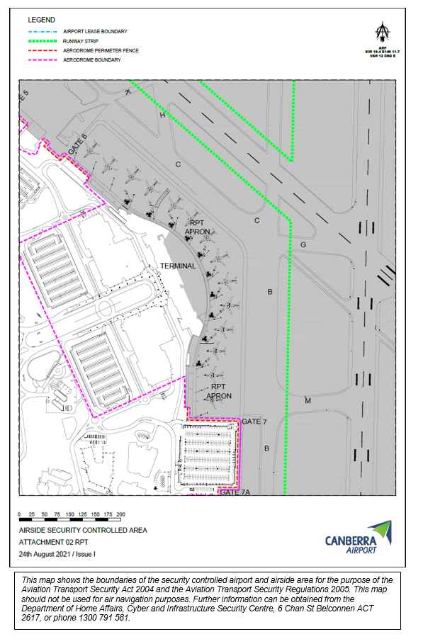 This is map 3 of 4 of Canberra Airport  which has been declared a security controlled airport. The map establishes airport boundaries and airside areas for the purposes of section 28 and section 29 of the Aviation Transport Security Act 2004.
