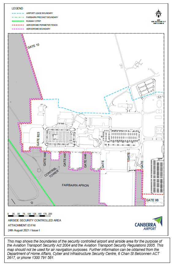 This is map 4 of 4 of Canberra Airport  which has been declared a security controlled airport. The map establishes airport boundaries and airside areas for the purposes of section 28 and section 29 of the Aviation Transport Security Act 2004.