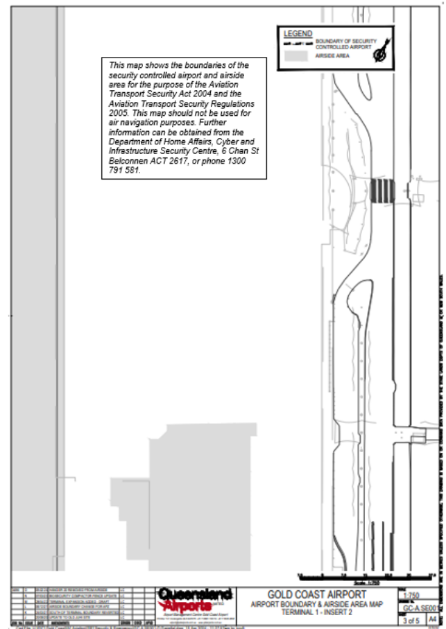 This is a map 3 of 5 of Gold Coast Airport, which has been declared a security controlled airport. The map establishes airport boundaries and airside areas for the purposes of section 28 and section 29 of the Aviation Transport Security Act 2004.