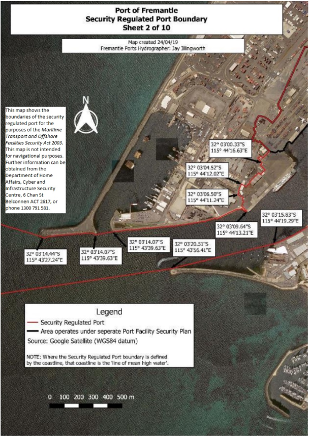 This is a map [map 2 of 10] of the port of Port of Fremantle, which has been declared a security regulated port. The map shows the boundaries of the security regulated port for the purposes of section 13 of the Maritime Transport and Offshore Facilities Security Act 2003.