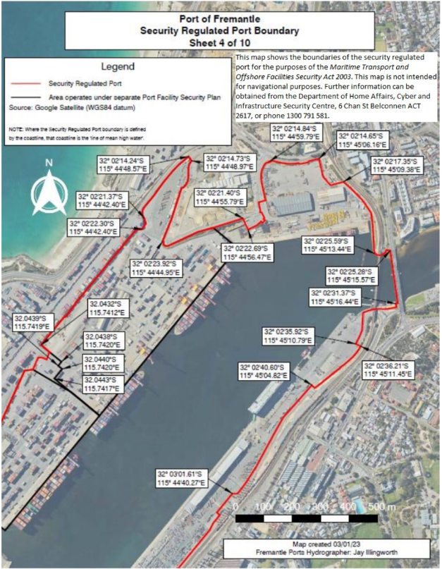 This is a map [map 4 of 10] of the port of Port of Fremantle, which has been declared a security regulated port. The map shows the boundaries of the security regulated port for the purposes of section 13 of the Maritime Transport and Offshore Facilities Security Act 2003.