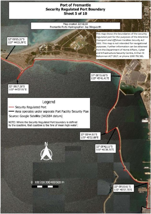 This is a map [map 5 of 10] of the port of Port of Fremantle, which has been declared a security regulated port. The map shows the boundaries of the security regulated port for the purposes of section 13 of the Maritime Transport and Offshore Facilities Security Act 2003.