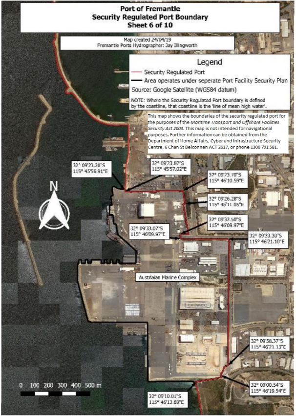This is a map [map 6 of 10] of the port of Port of Fremantle, which has been declared a security regulated port. The map shows the boundaries of the security regulated port for the purposes of section 13 of the Maritime Transport and Offshore Facilities Security Act 2003.