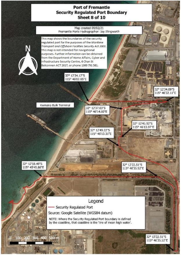 This is a map [map 8 of 10] of the port of Port of Fremantle, which has been declared a security regulated port. The map shows the boundaries of the security regulated port for the purposes of section 13 of the Maritime Transport and Offshore Facilities Security Act 2003.