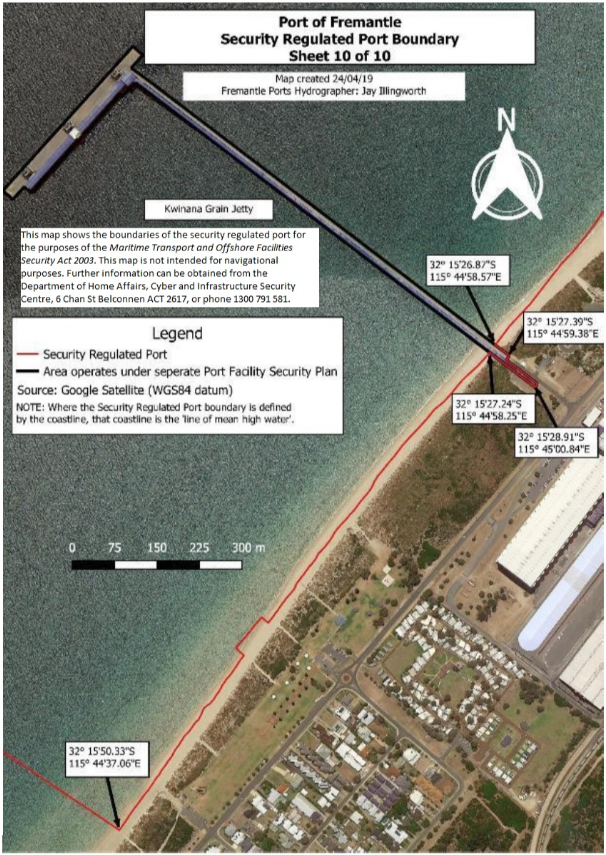 This is a map [map 10 of 10] of the port of Port of Fremantle, which has been declared a security regulated port. The map shows the boundaries of the security regulated port for the purposes of section 13 of the Maritime Transport and Offshore Facilities Security Act 2003.