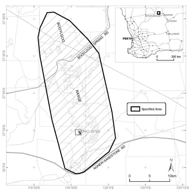 Map showing the specified area being the area known as Pulyku (Booylgoo Range), near Sandstone, Western Australia.