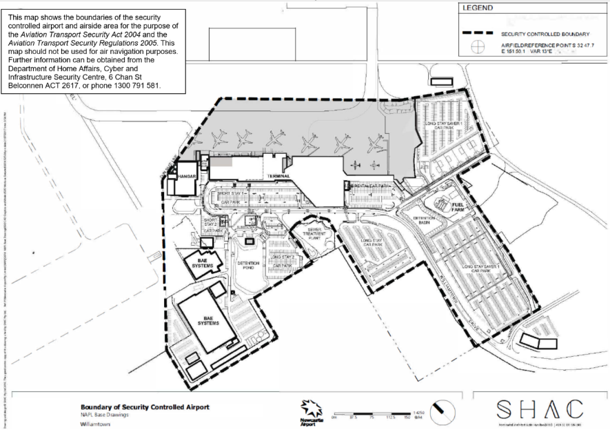 This is a map of Newcastle Airport, which has been declared a security controlled airport. The map establishes airport boundaries and airside areas for the purposes of section 28 and section 29 of the Aviation Transport Security Act 2004.