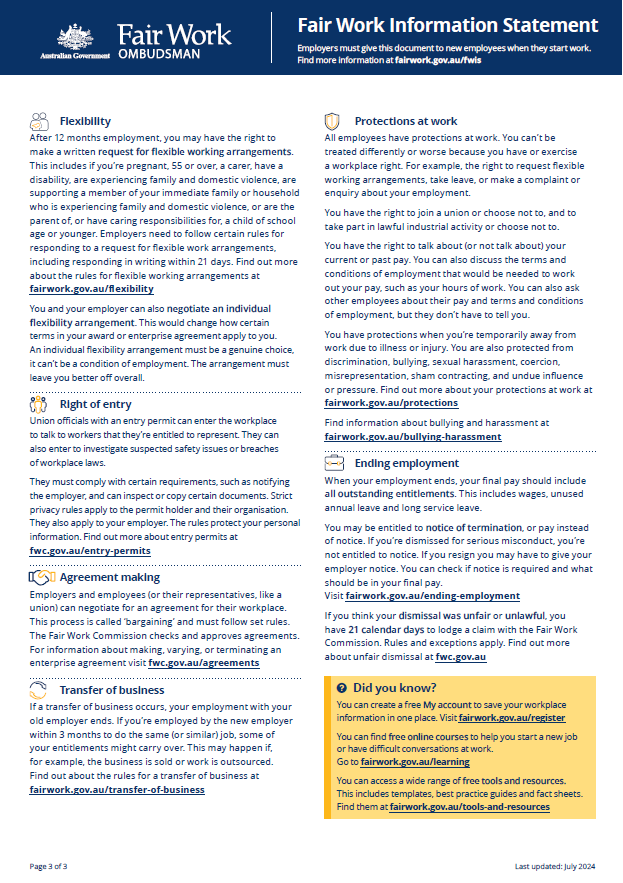 Image of page 3 of 3 of the Fair Work Information StatementThe Fair