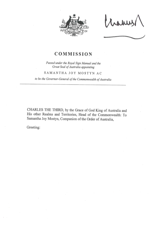 An image of the signed Commission from His Majesty The King commissioning Ms Sam Mostyn AC to be the Governor-General of the Commonwealth of Australia