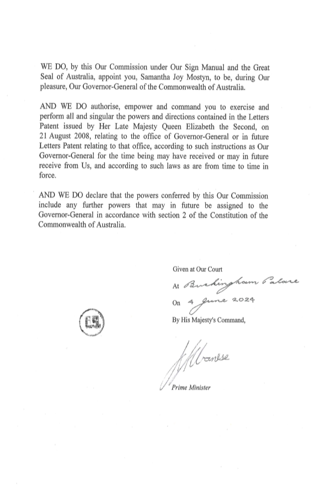 An image of the signed Commission from His Majesty The King commissioning Ms Sam Mostyn AC to be the Governor-General of the Commonwealth of Australia