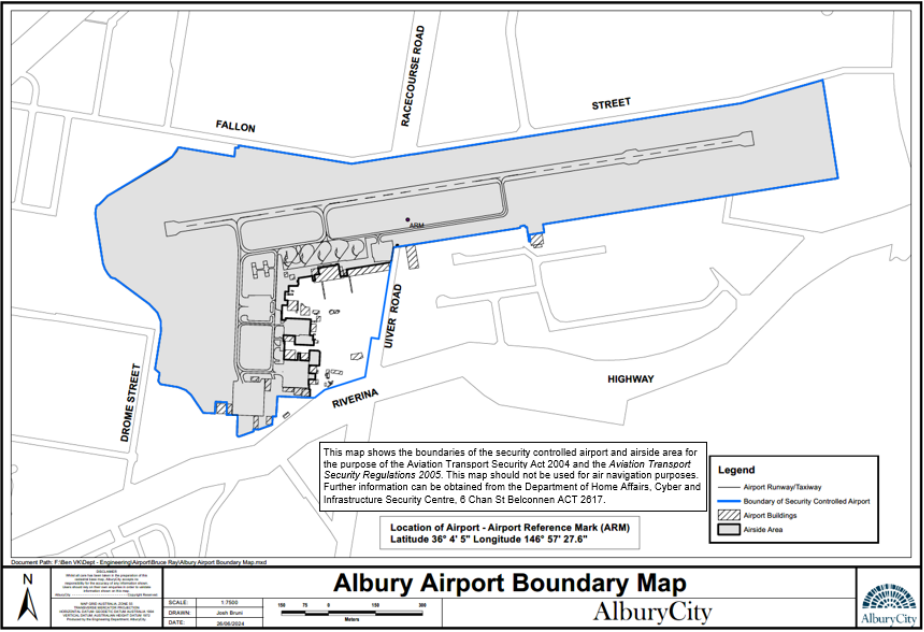 This is a map of Albury Airport which has been declared a security controlled airport. The map establishes airport boundaries and airside areas for the purposes of section 28 and section 29 of the Aviation Transport Security Act 2004.
