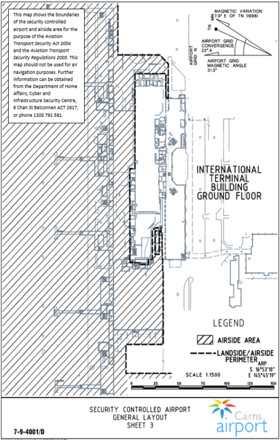 This is a map 3 of 9 of Cairns Airport, which has been declared a security controlled airport. The map establishes airport boundaries and airside areas for the purposes of section 28 and section 29 of the Aviation Transport Security Act 2004.