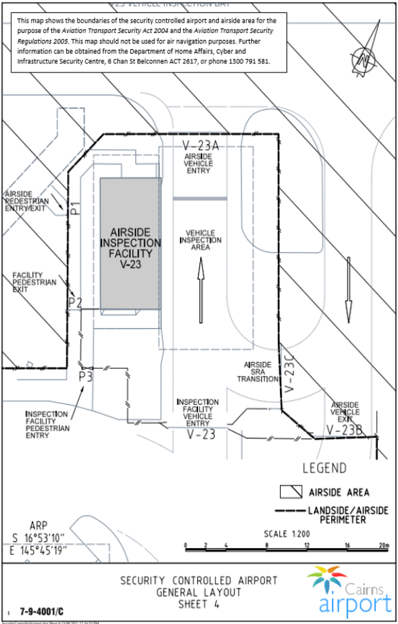 This is a map 4 of 9 of Cairns Airport, which has been declared a security controlled airport. The map establishes airport boundaries and airside areas for the purposes of section 28 and section 29 of the Aviation Transport Security Act 2004.
