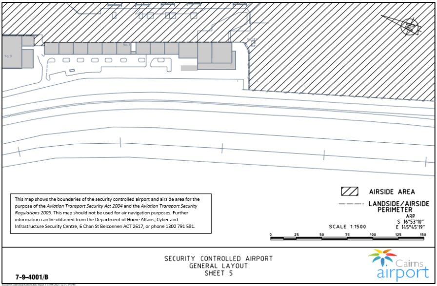 This is a map 5 of 9 of Cairns Airport, which has been declared a security controlled airport. The map establishes airport boundaries and airside areas for the purposes of section 28 and section 29 of the Aviation Transport Security Act 2004.