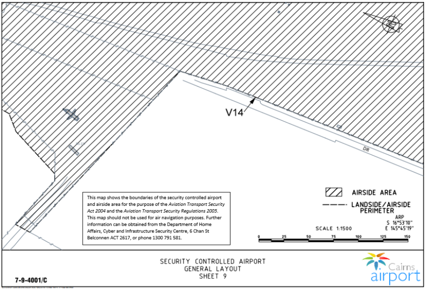 This is a map 9 of 9 of Cairns Airport, which has been declared a security controlled airport. The map establishes airport boundaries and airside areas for the purposes of section 28 and section 29 of the Aviation Transport Security Act 2004.