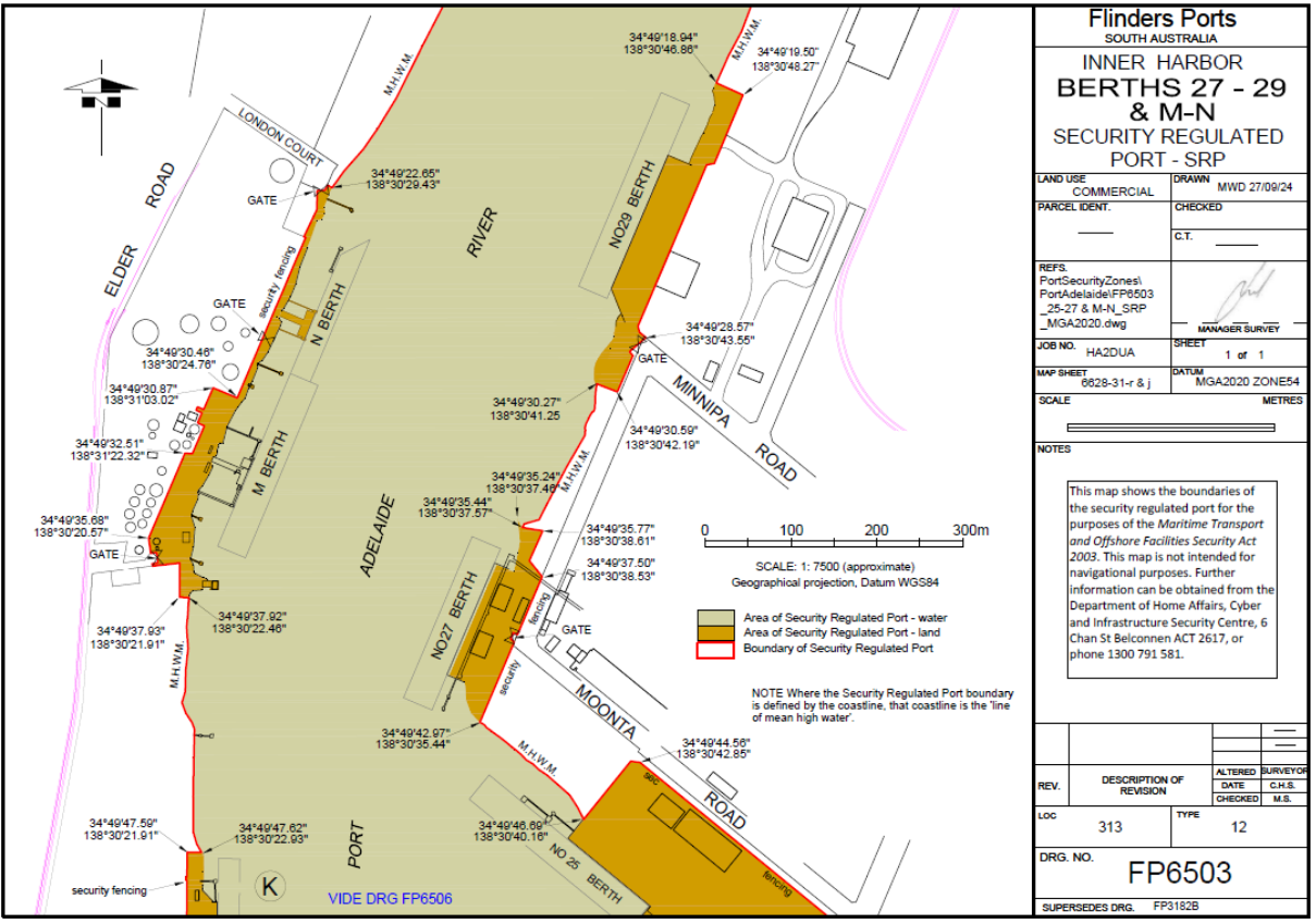 This is a map [map 7 of 19] of the port of [Port Adelaide], which has been declared a security regulated port. The map shows the boundaries of the security regulated port for the purposes of section 13 of the Maritime Transport and Offshore Facilities Security Act 2003.