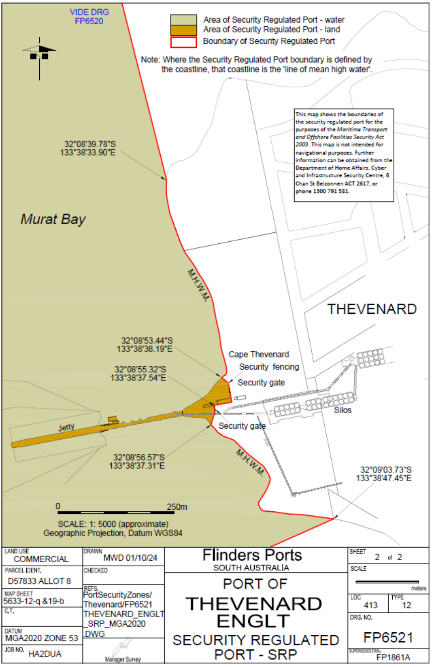 This is a map [map 19 of 19] of the port of [Port of Thevenard], which has been declared a security regulated port. The map shows the boundaries of the security regulated port for the purposes of section 13 of the Maritime Transport and Offshore Facilities Security Act 2003.