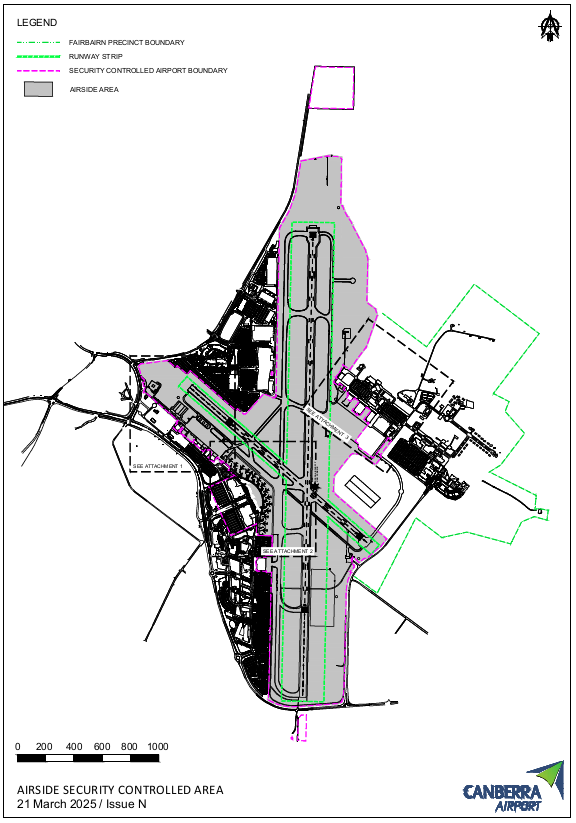 This is a map 1 of 4 of Canberra Airport, which has been declared a security controlled airport. The map establishes airport boundaries and airside areas for the purposes of section 28 and section 29 of the Aviation Transport Security Act 2004.