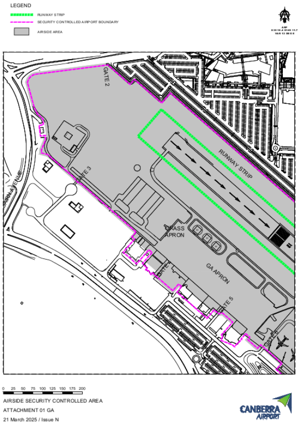 This is a map 2 of 4 of Canberra Airport, which has been declared a security controlled airport. The map establishes airport boundaries and airside areas for the purposes of section 28 and section 29 of the Aviation Transport Security Act 2004.