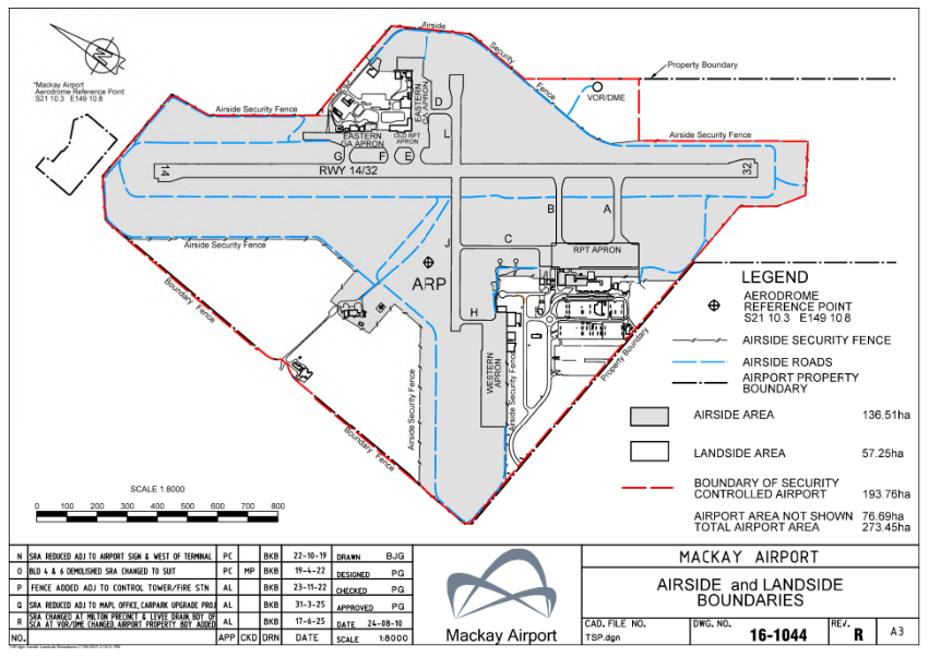 This is a map of Mackay Airport, which has been declared a security controlled airport. The map establishes airport boundaries and airside areas for the purposes of section 28 and section 29 of the Aviation Transport Security Act 2004.
