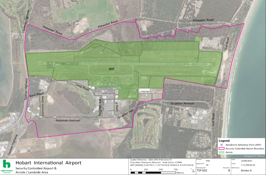 This is a map of Hobart Airport, which has been declared a security controlled airport. The map establishes airport boundaries and airside areas for the purposes of section 28 and section 29 of the Aviation Transport Security Act 2004.