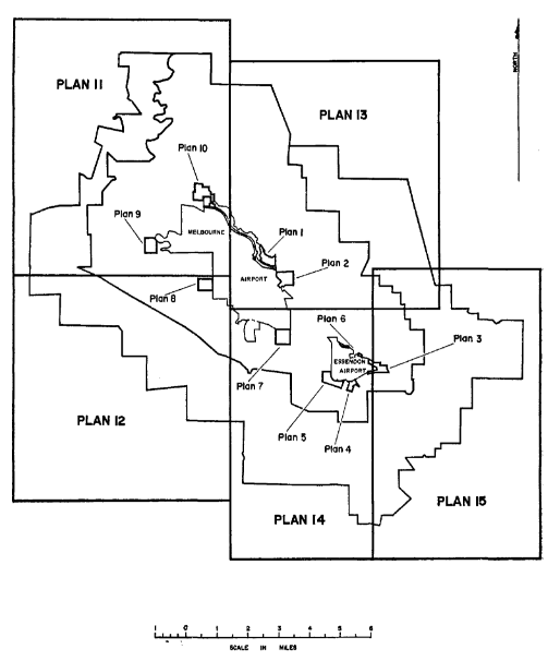 Plan of Melbourne Airport and Essendon Airport showing areas affected by the Civil Aviation (Buildings Control) Regulations.