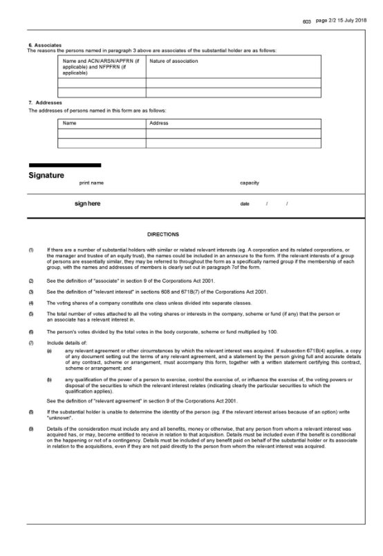 page 2 of form 603 Notice of initial substantial holder