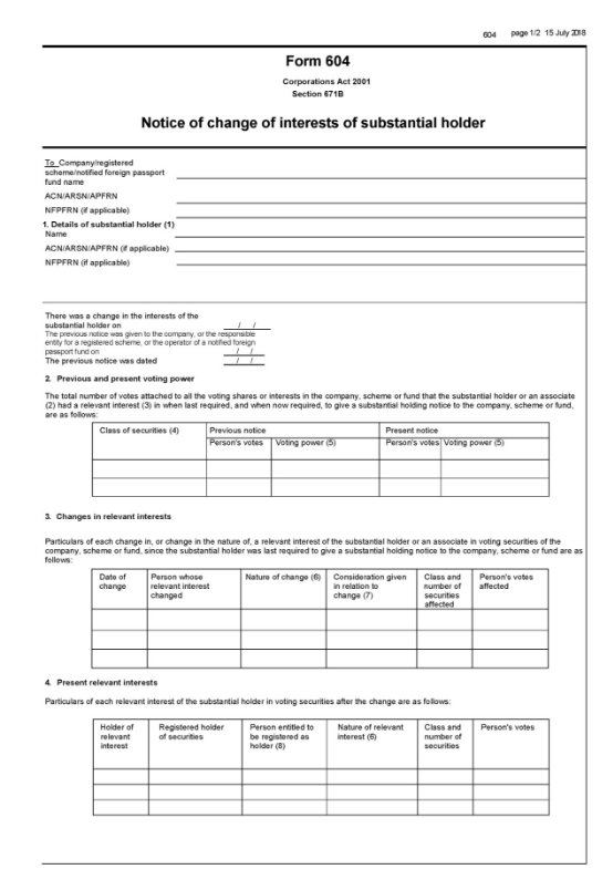 page 1 of form 604 Notice of change of interests of substantial holder