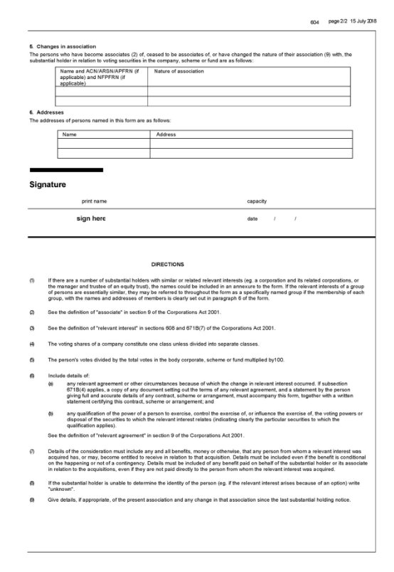 page 2 of form 604 Notice of change of interests of substantial holder