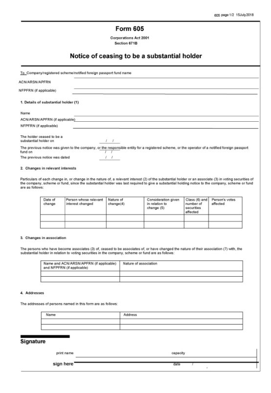 page 1 of form 605 Notice of ceasing to be a substantial holder